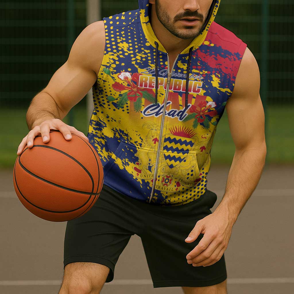 Personalized Chad Republic Day Sleeveless Zip Hoodie Coat Of Arms - Grunge Style - Wonder Print Shop