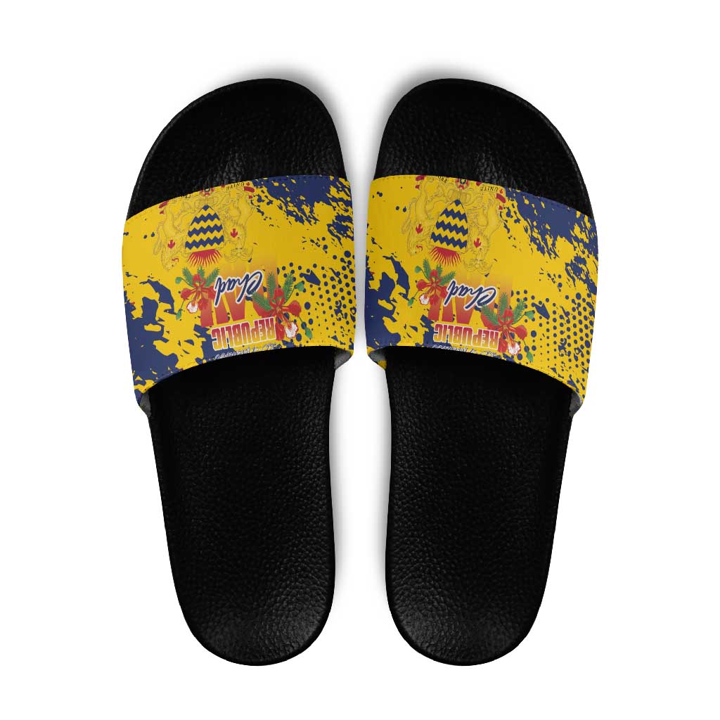Chad Republic Day Slide Sandals Coat Of Arms - Grunge Style - Wonder Print Shop