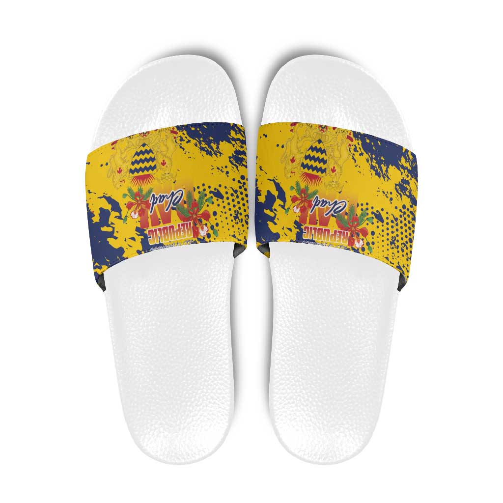 Chad Republic Day Slide Sandals Coat Of Arms - Grunge Style - Wonder Print Shop
