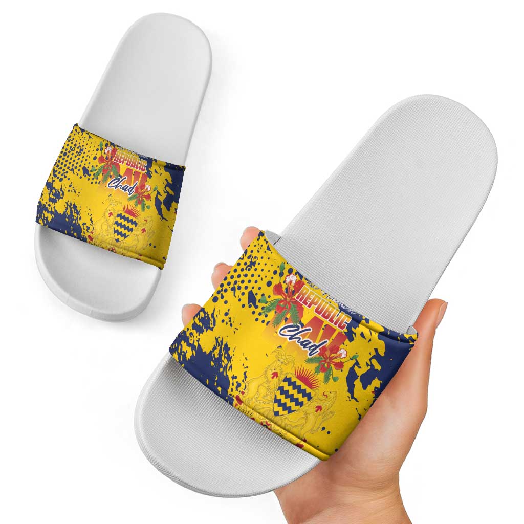 Chad Republic Day Slide Sandals Coat Of Arms - Grunge Style - Wonder Print Shop
