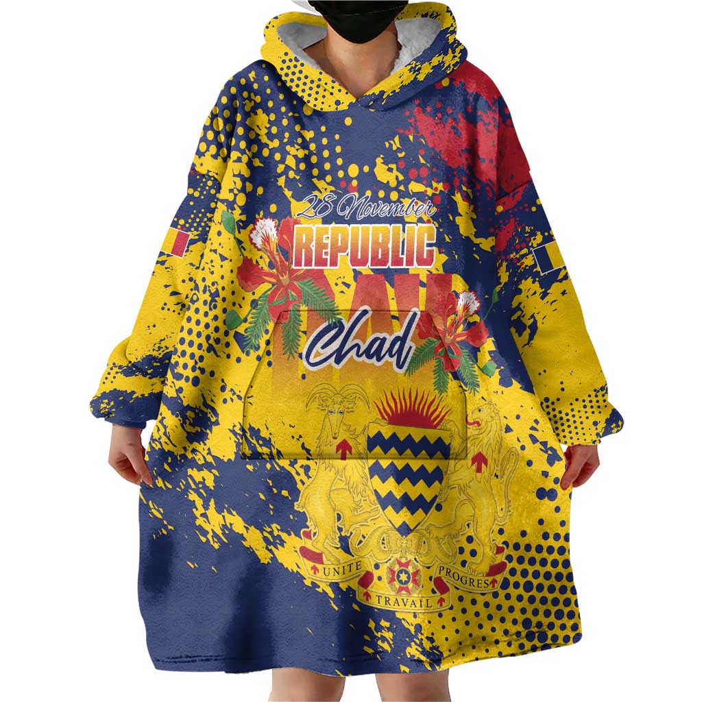 Personalized Chad Republic Day Wearable Blanket Hoodie Coat Of Arms - Grunge Style - Wonder Print Shop