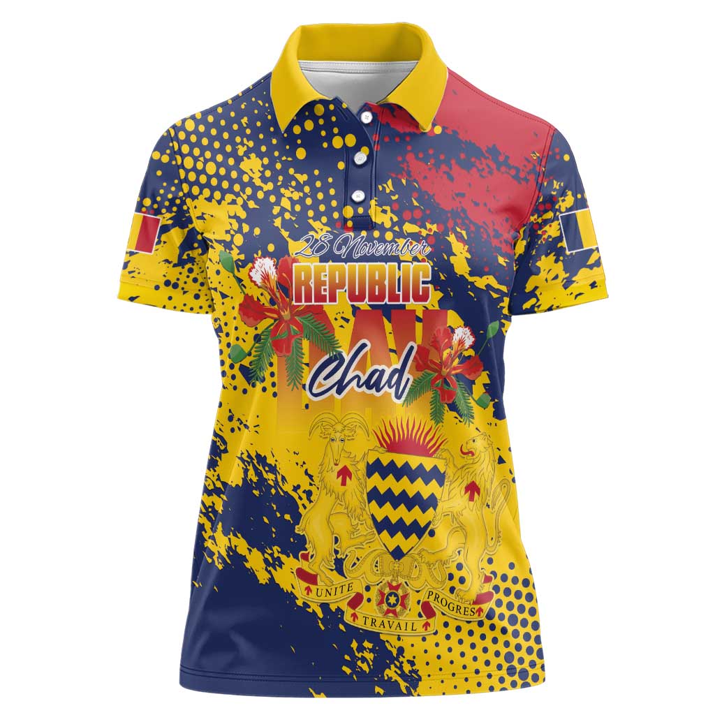 Personalized Chad Republic Day Women Polo Shirt Coat Of Arms - Grunge Style - Wonder Print Shop