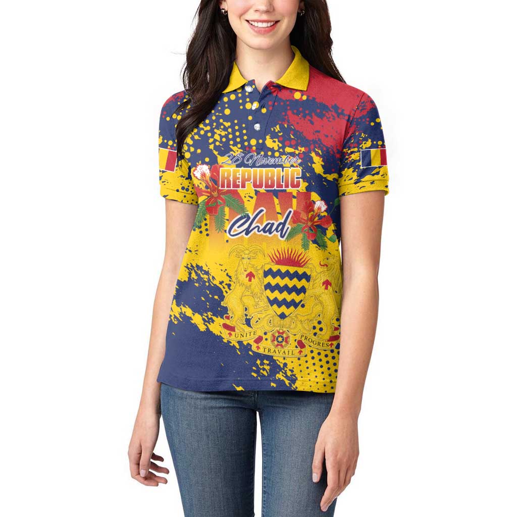 Personalized Chad Republic Day Women Polo Shirt Coat Of Arms - Grunge Style - Wonder Print Shop
