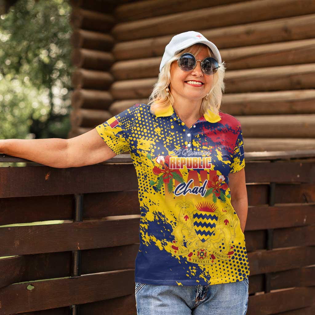 Personalized Chad Republic Day Women Polo Shirt Coat Of Arms - Grunge Style - Wonder Print Shop