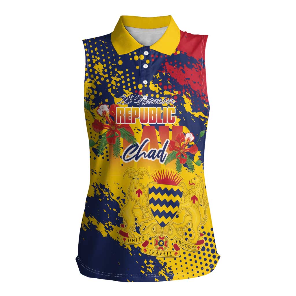Personalized Chad Republic Day Women Sleeveless Polo Shirt Coat Of Arms - Grunge Style - Wonder Print Shop