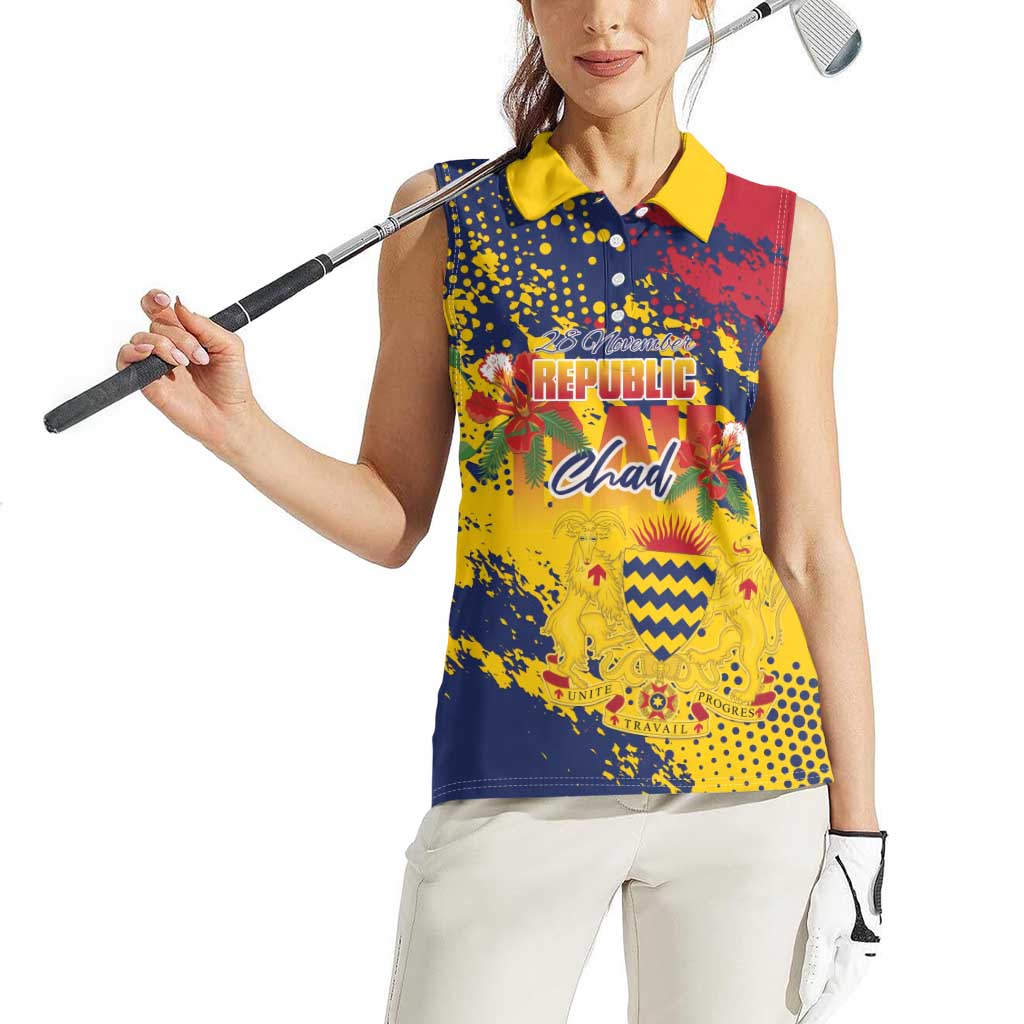 Personalized Chad Republic Day Women Sleeveless Polo Shirt Coat Of Arms - Grunge Style - Wonder Print Shop