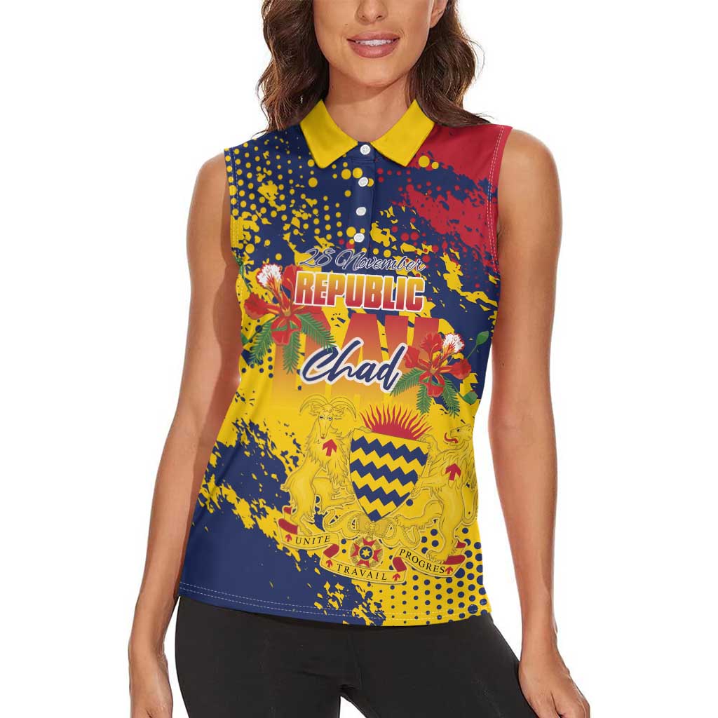 Personalized Chad Republic Day Women Sleeveless Polo Shirt Coat Of Arms - Grunge Style - Wonder Print Shop