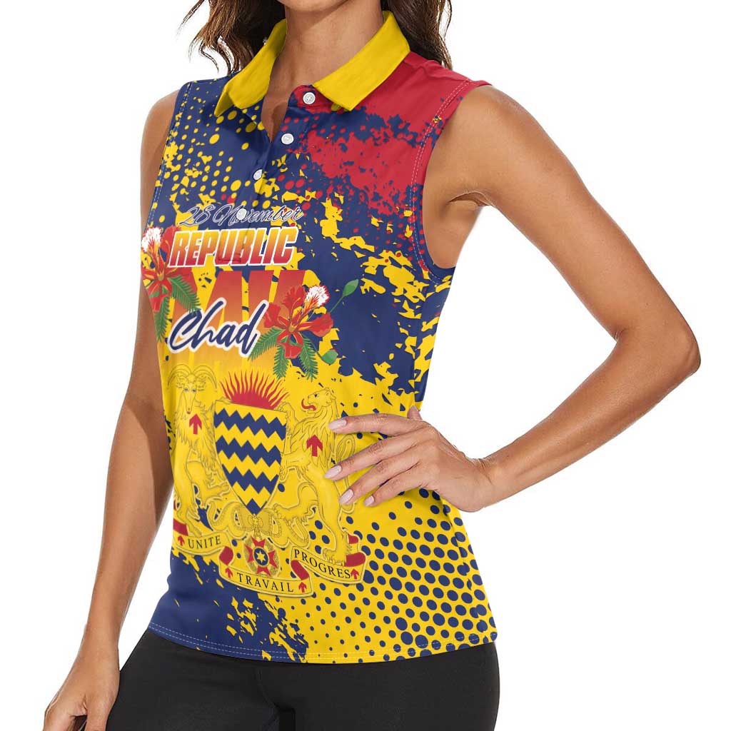 Personalized Chad Republic Day Women Sleeveless Polo Shirt Coat Of Arms - Grunge Style - Wonder Print Shop