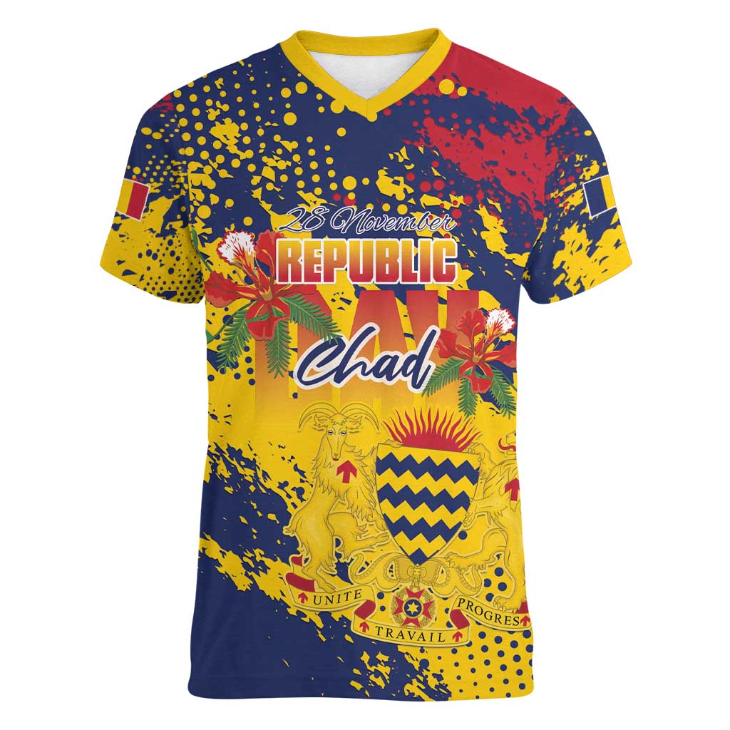 Personalized Chad Republic Day Women V-Neck T-Shirt Coat Of Arms - Grunge Style - Wonder Print Shop