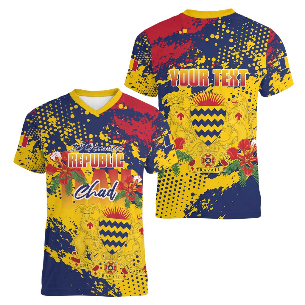 Personalized Chad Republic Day Women V-Neck T-Shirt Coat Of Arms - Grunge Style - Wonder Print Shop