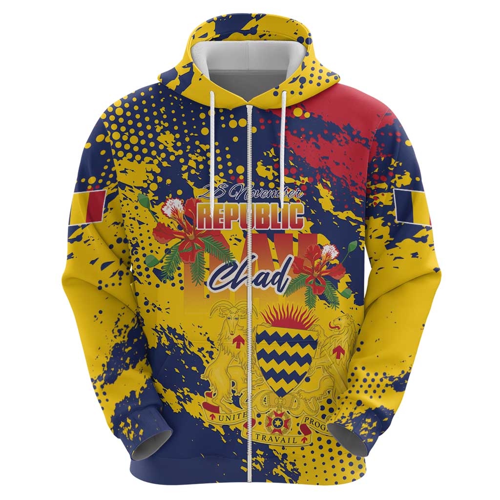 Personalized Chad Republic Day Zip Hoodie Coat Of Arms - Grunge Style - Wonder Print Shop