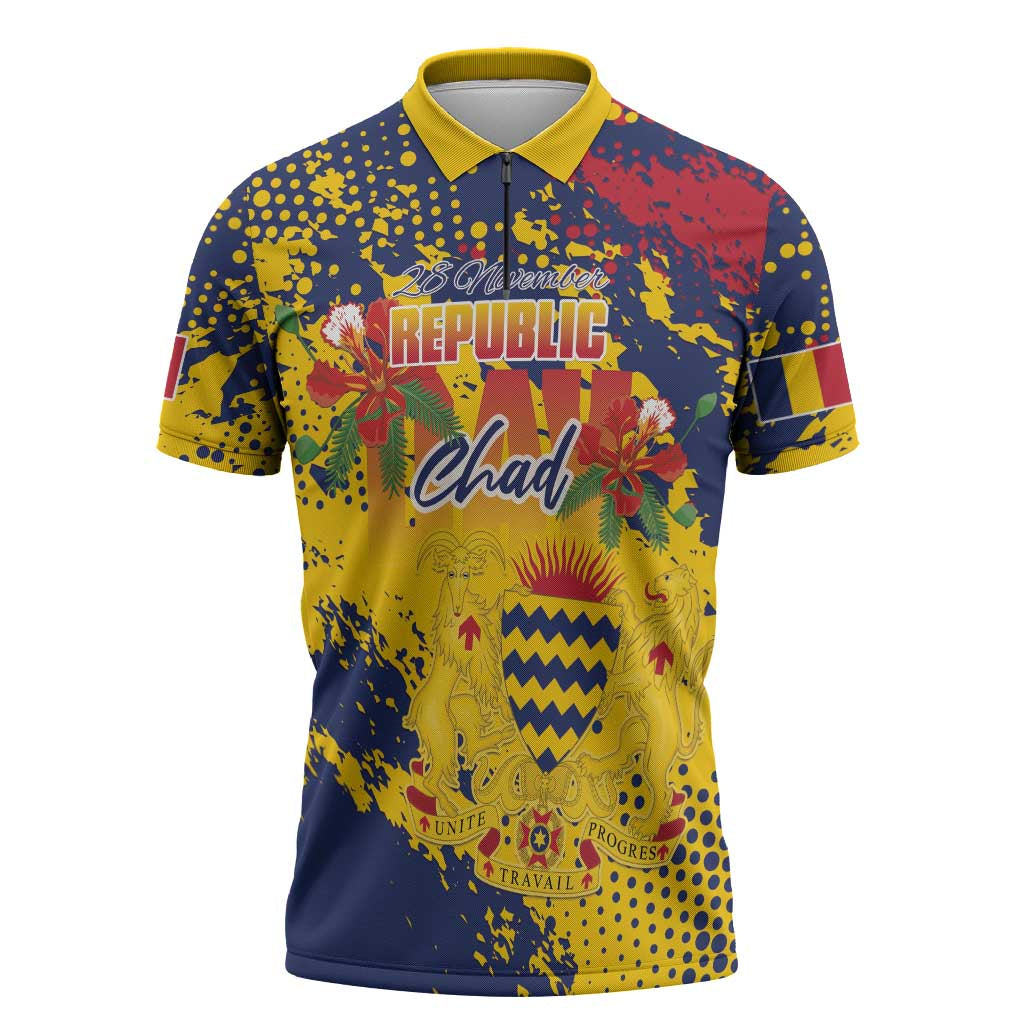 Personalized Chad Republic Day Zipper Polo Shirt Coat Of Arms - Grunge Style - Wonder Print Shop