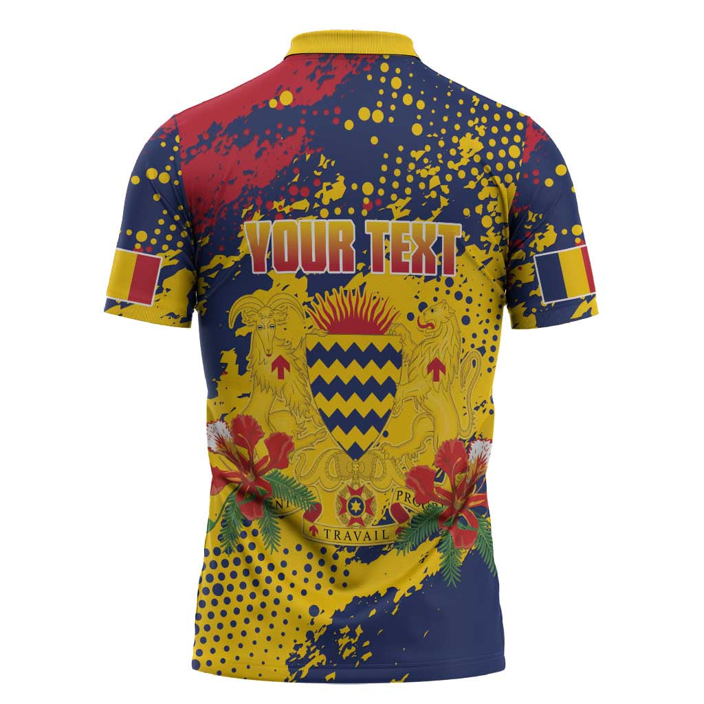 Personalized Chad Republic Day Zipper Polo Shirt Coat Of Arms - Grunge Style - Wonder Print Shop