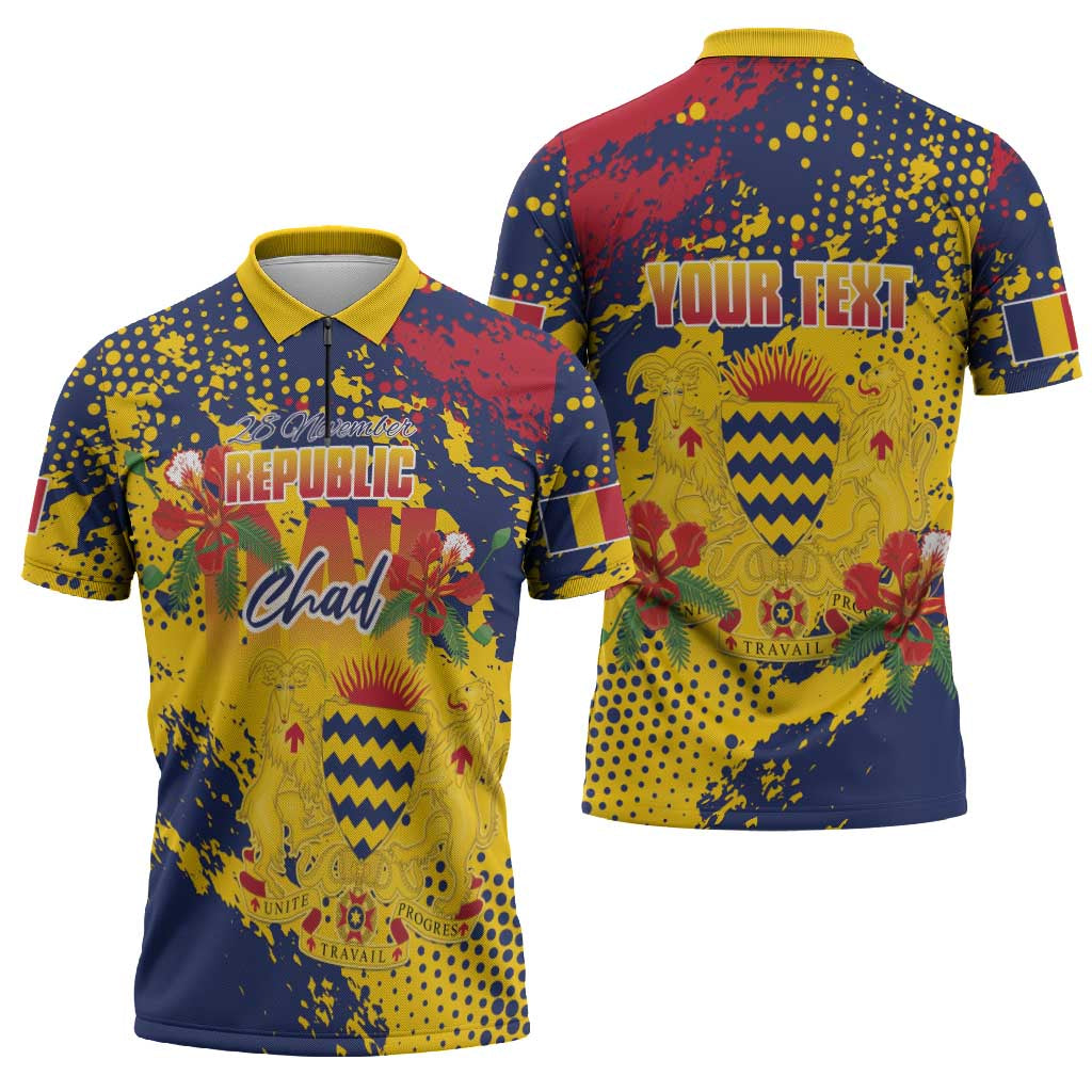 Personalized Chad Republic Day Zipper Polo Shirt Coat Of Arms - Grunge Style - Wonder Print Shop