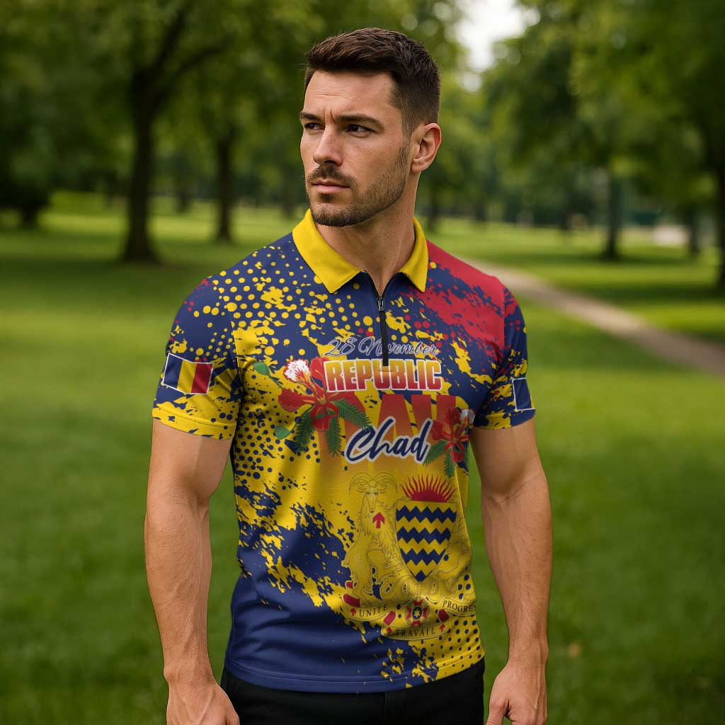 Personalized Chad Republic Day Zipper Polo Shirt Coat Of Arms - Grunge Style - Wonder Print Shop