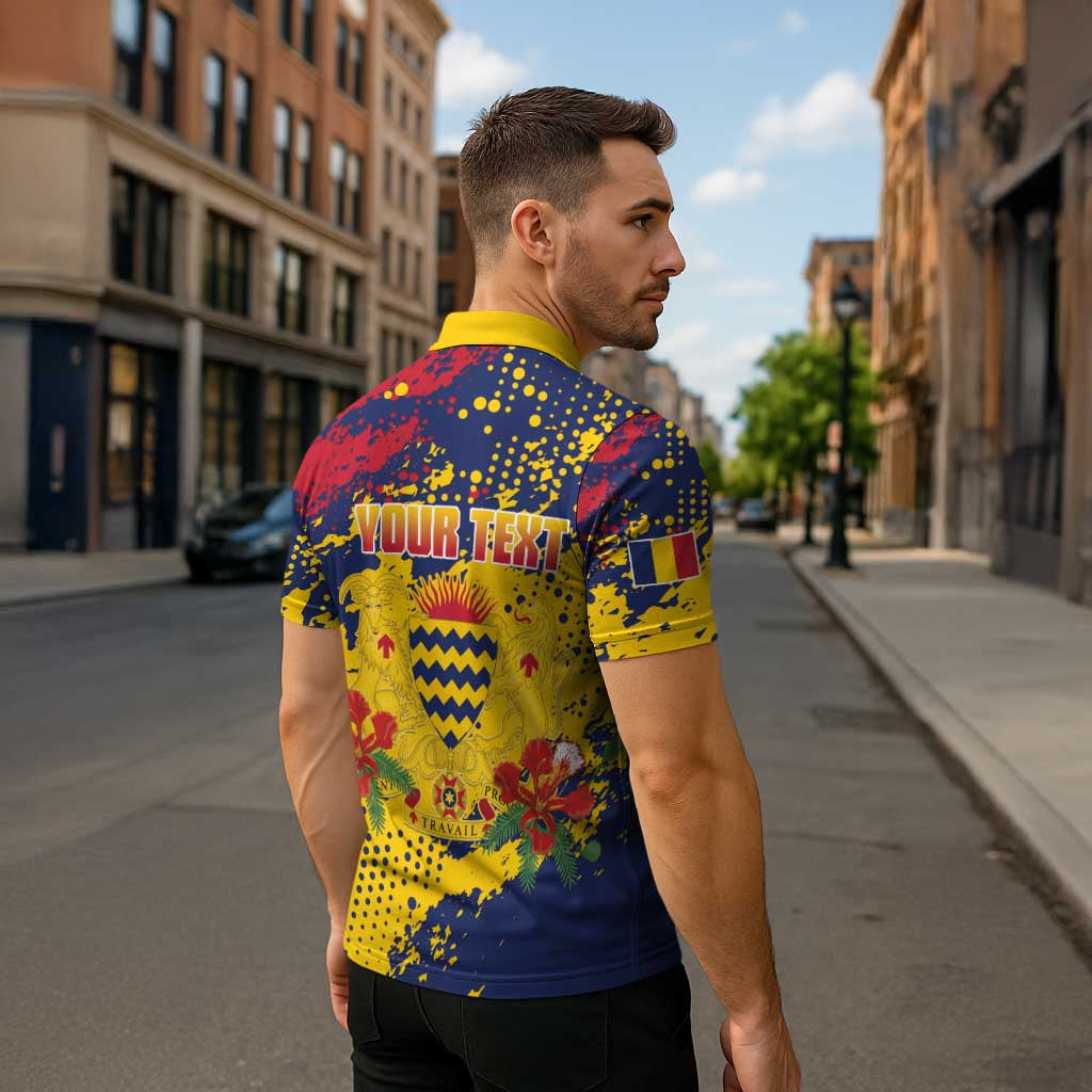 Personalized Chad Republic Day Zipper Polo Shirt Coat Of Arms - Grunge Style - Wonder Print Shop