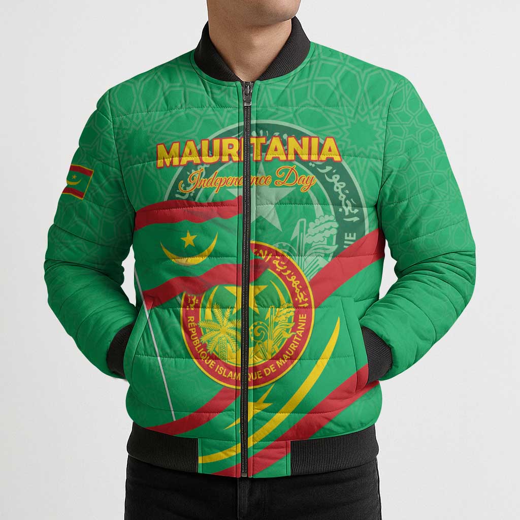 Personalized Mauritania Independence Day Bomber Puffer Jacket Coat Of Arms With Map - Wonder Print Shop