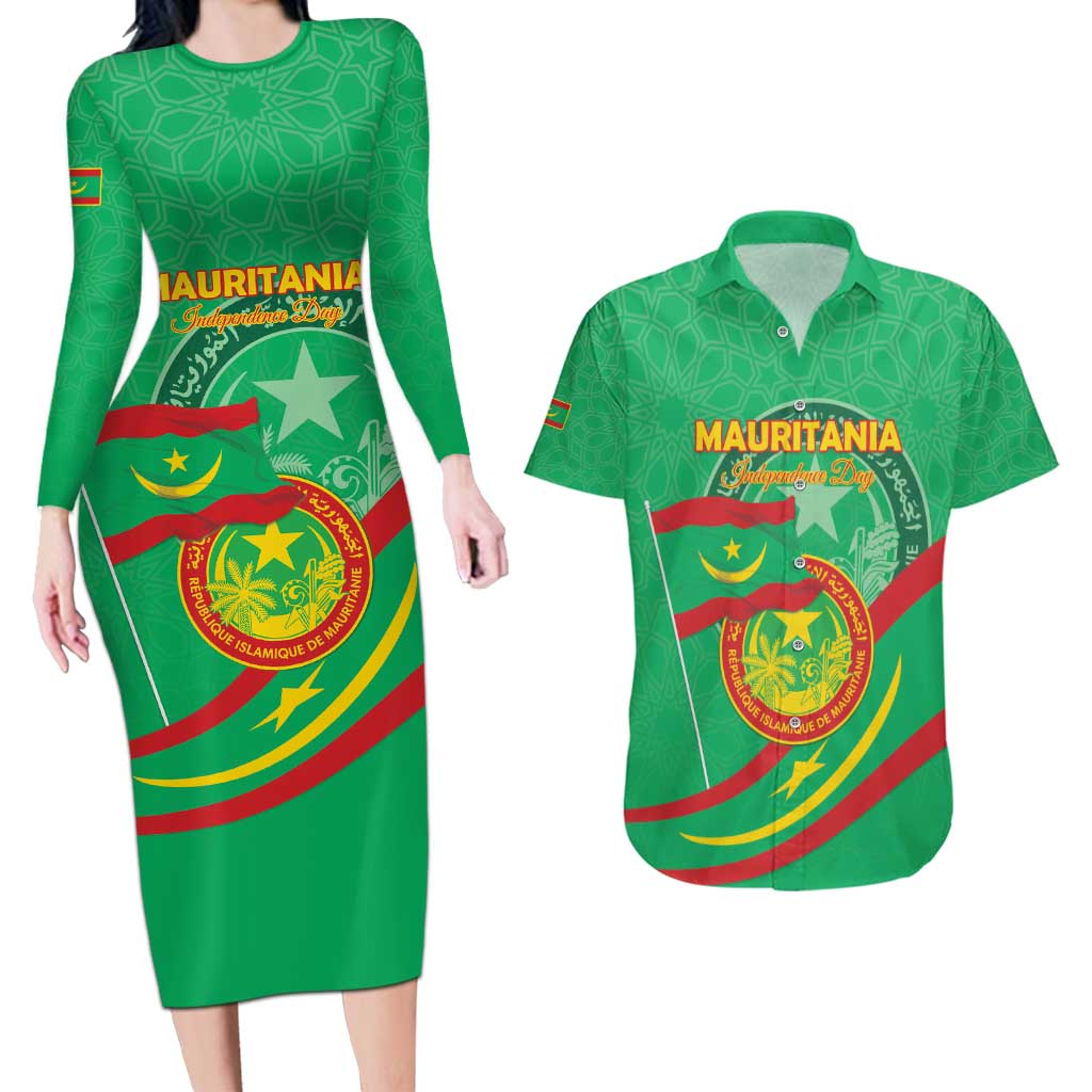 Personalized Mauritania Independence Day Couples Matching Long Sleeve Bodycon Dress and Hawaiian Shirt Coat Of Arms With Map - Wonder Print Shop