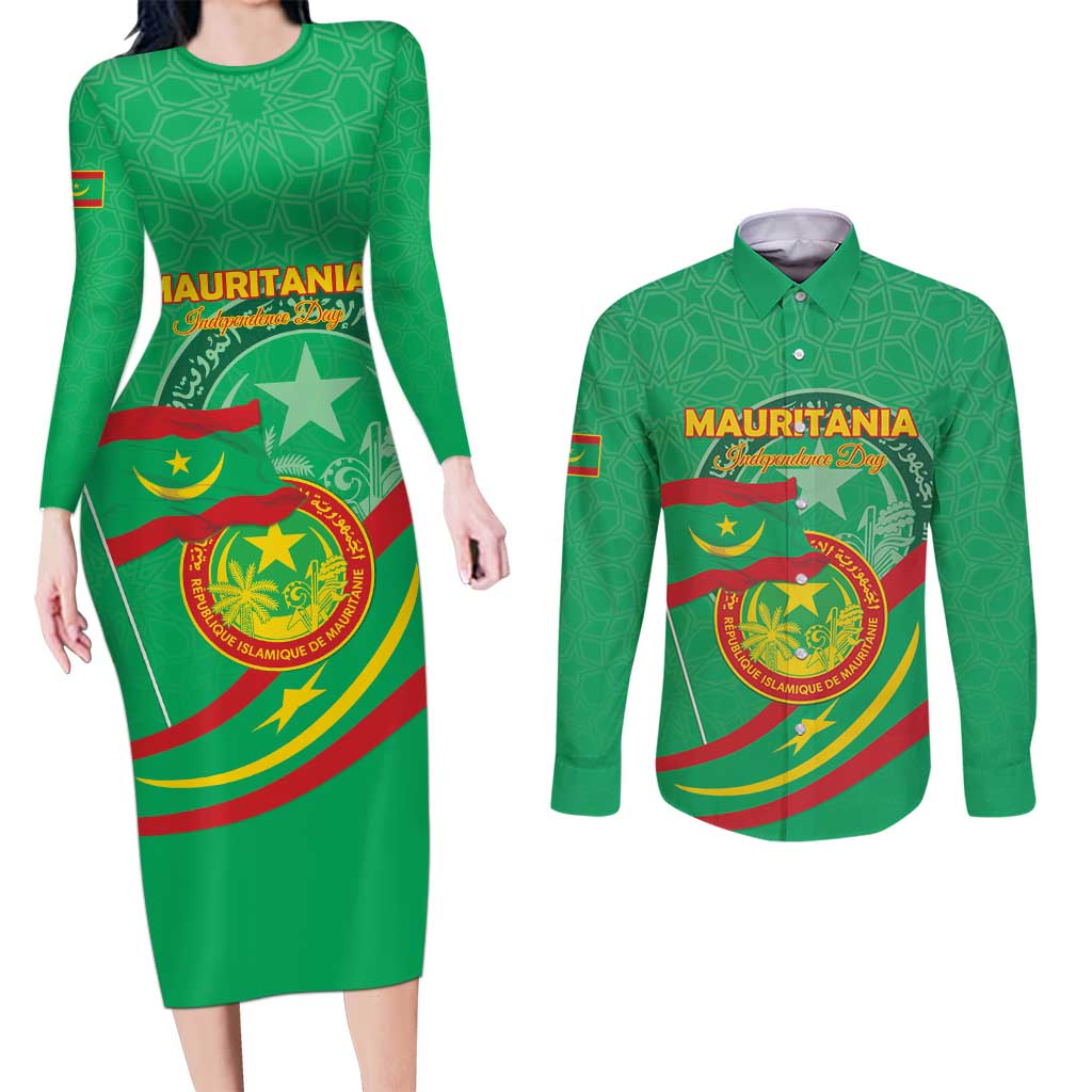 Personalized Mauritania Independence Day Couples Matching Long Sleeve Bodycon Dress and Long Sleeve Button Shirt Coat Of Arms With Map - Wonder Print Shop