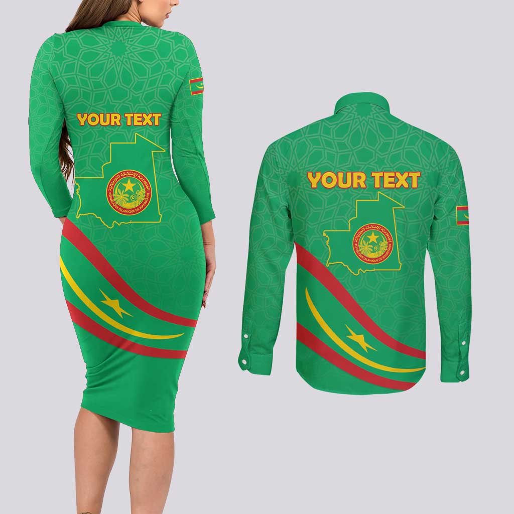 Personalized Mauritania Independence Day Couples Matching Long Sleeve Bodycon Dress and Long Sleeve Button Shirt Coat Of Arms With Map - Wonder Print Shop