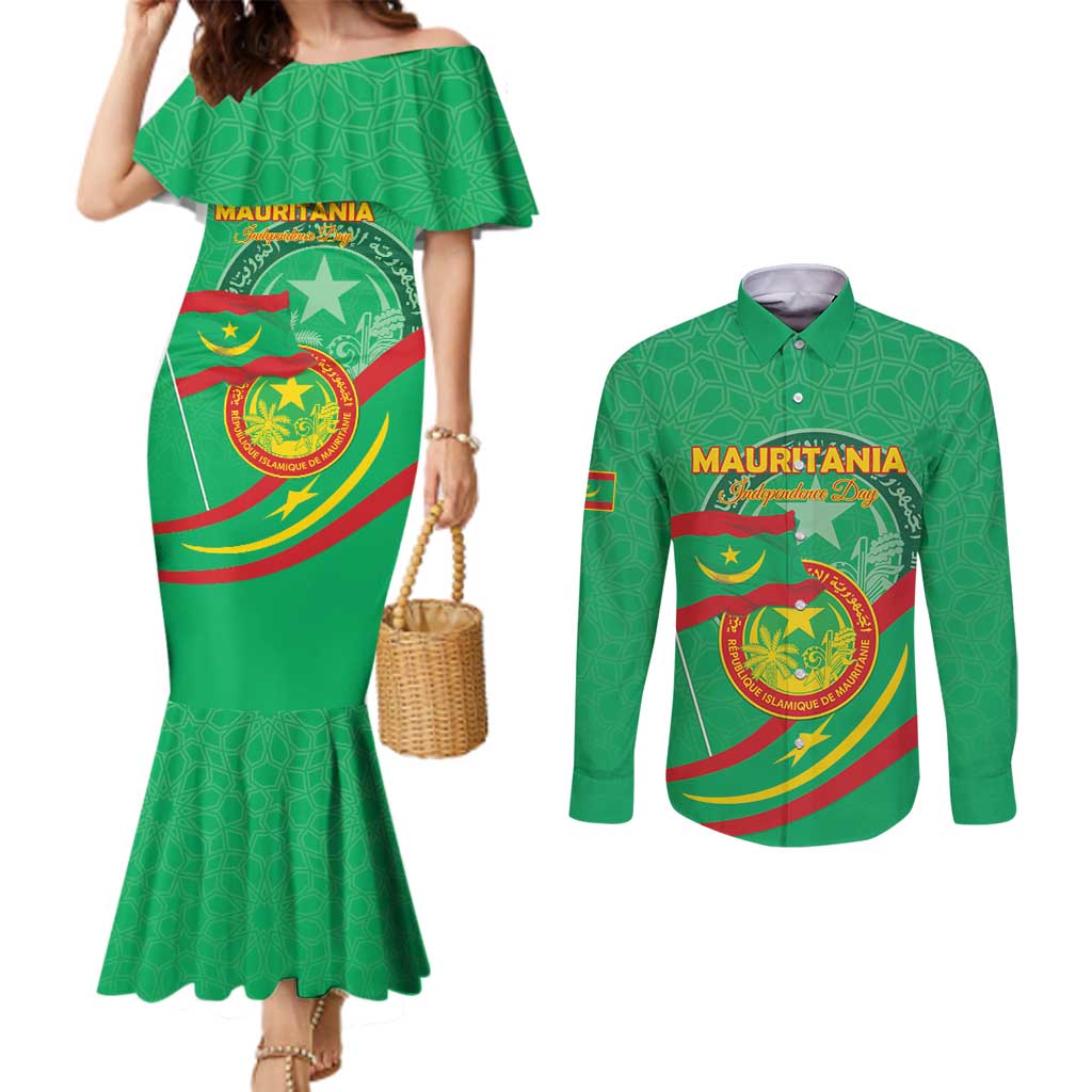 Personalized Mauritania Independence Day Couples Matching Mermaid Dress and Long Sleeve Button Shirt Coat Of Arms With Map - Wonder Print Shop