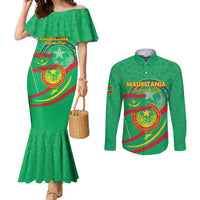 Personalized Mauritania Independence Day Couples Matching Mermaid Dress and Long Sleeve Button Shirt Coat Of Arms With Map - Wonder Print Shop