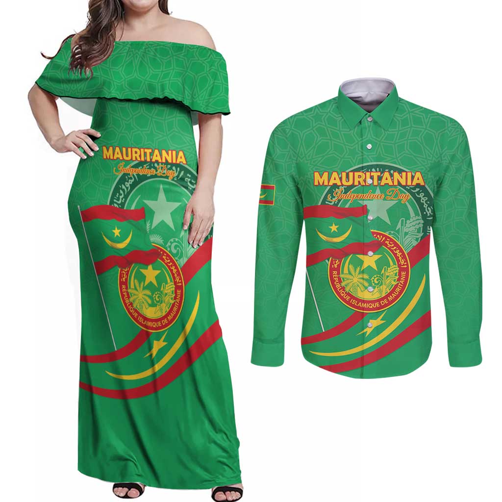 Personalized Mauritania Independence Day Couples Matching Off Shoulder Maxi Dress and Long Sleeve Button Shirt Coat Of Arms With Map - Wonder Print Shop