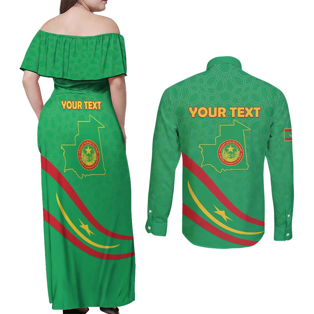Personalized Mauritania Independence Day Couples Matching Off Shoulder Maxi Dress and Long Sleeve Button Shirt Coat Of Arms With Map - Wonder Print Shop