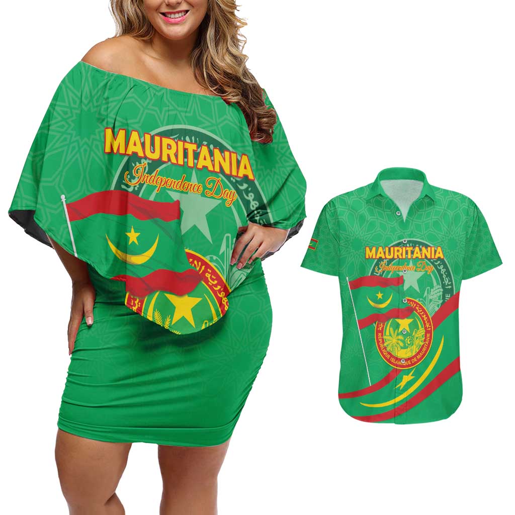 Personalized Mauritania Independence Day Couples Matching Off Shoulder Short Dress and Hawaiian Shirt Coat Of Arms With Map - Wonder Print Shop