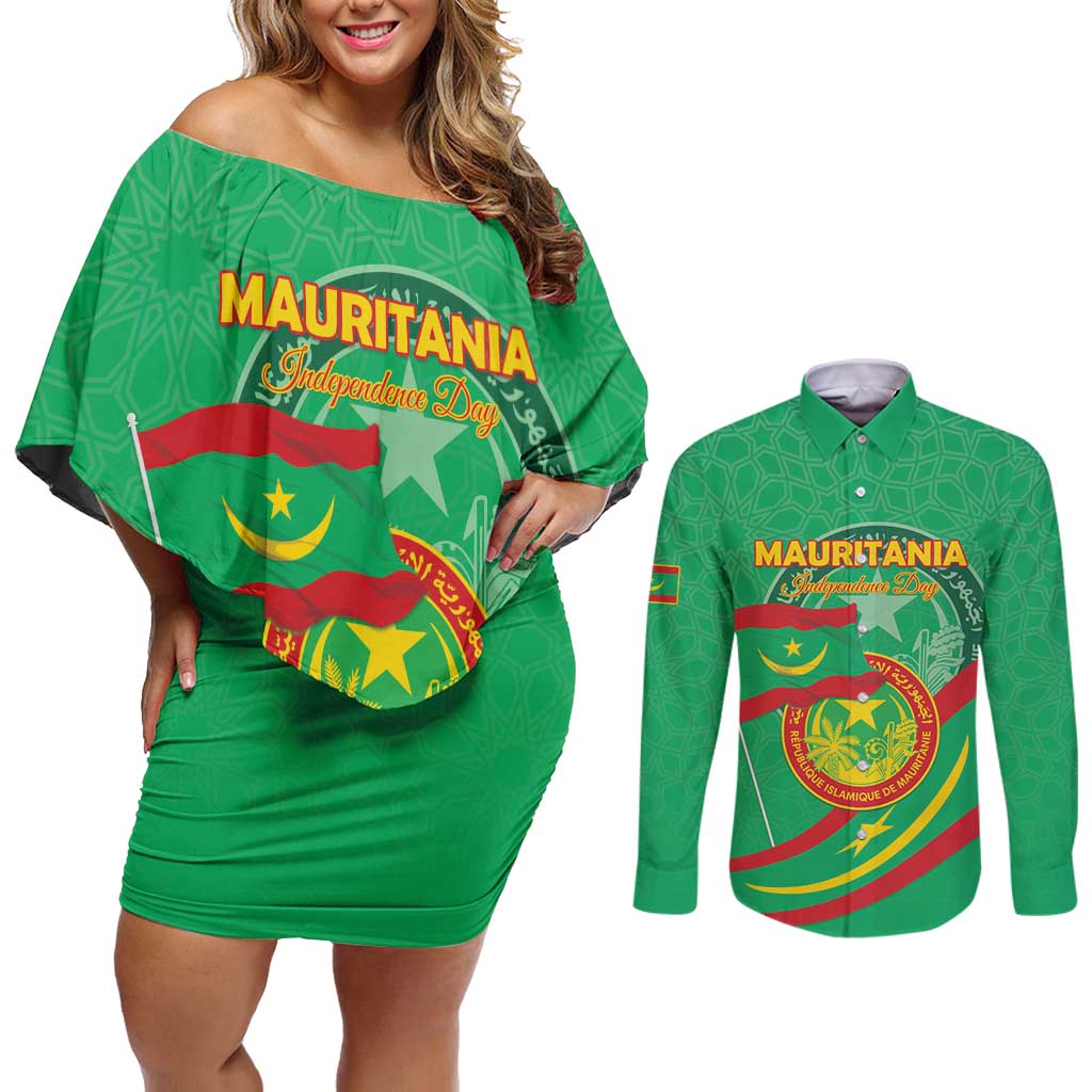 Personalized Mauritania Independence Day Couples Matching Off Shoulder Short Dress and Long Sleeve Button Shirt Coat Of Arms With Map - Wonder Print Shop