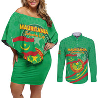 Personalized Mauritania Independence Day Couples Matching Off Shoulder Short Dress and Long Sleeve Button Shirt Coat Of Arms With Map - Wonder Print Shop