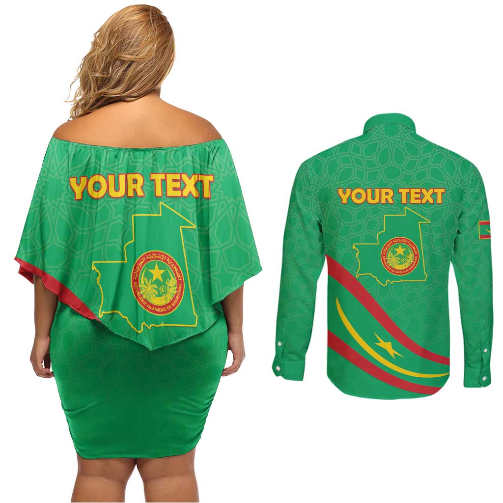 Personalized Mauritania Independence Day Couples Matching Off Shoulder Short Dress and Long Sleeve Button Shirt Coat Of Arms With Map - Wonder Print Shop