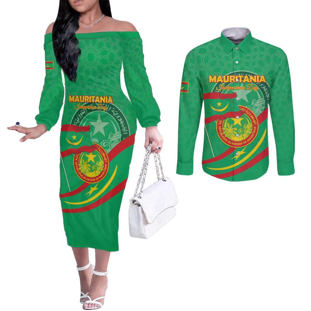 Personalized Mauritania Independence Day Couples Matching Off The Shoulder Long Sleeve Dress and Long Sleeve Button Shirt Coat Of Arms With Map - Wonder Print Shop