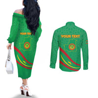 Personalized Mauritania Independence Day Couples Matching Off The Shoulder Long Sleeve Dress and Long Sleeve Button Shirt Coat Of Arms With Map - Wonder Print Shop