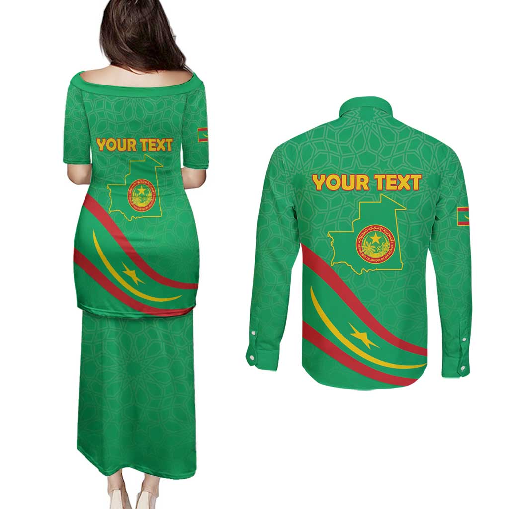 Personalized Mauritania Independence Day Couples Matching Puletasi and Long Sleeve Button Shirt Coat Of Arms With Map - Wonder Print Shop