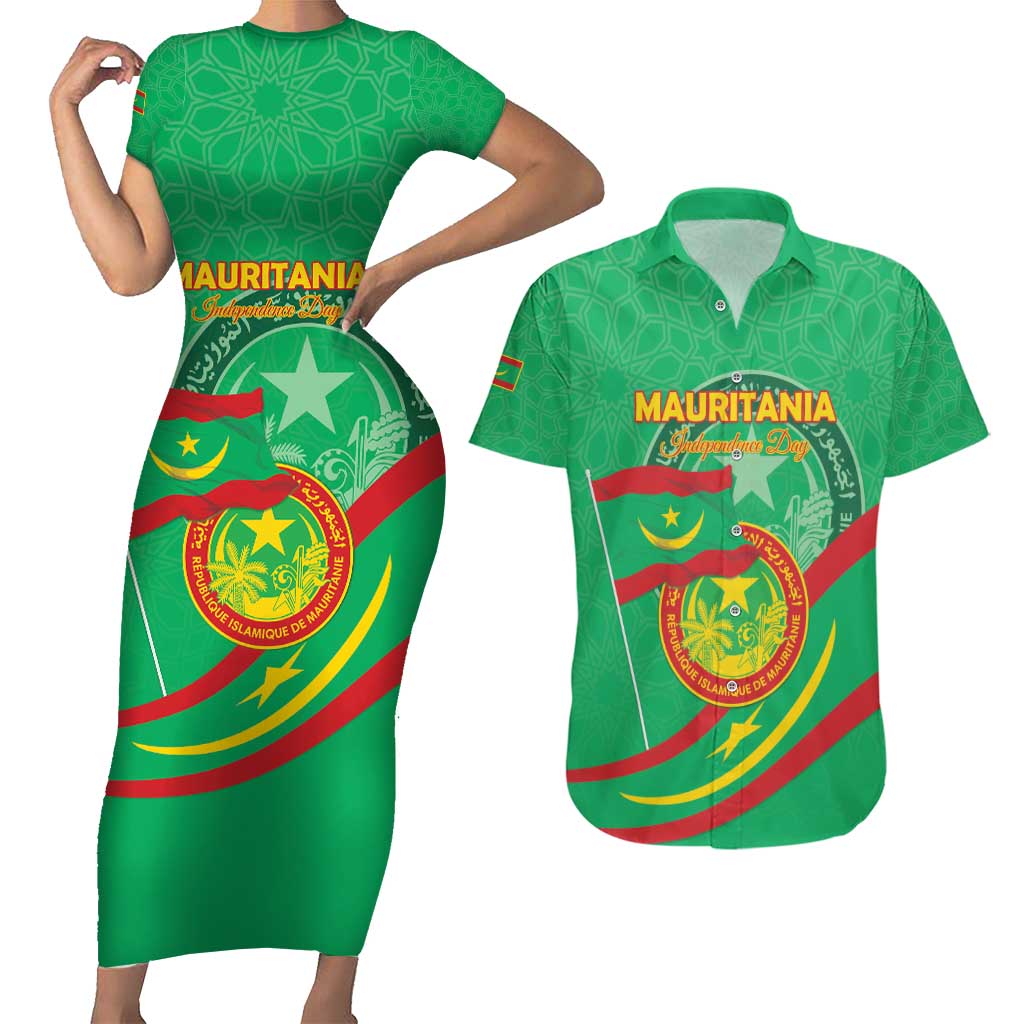 Personalized Mauritania Independence Day Couples Matching Short Sleeve Bodycon Dress and Hawaiian Shirt Coat Of Arms With Map - Wonder Print Shop