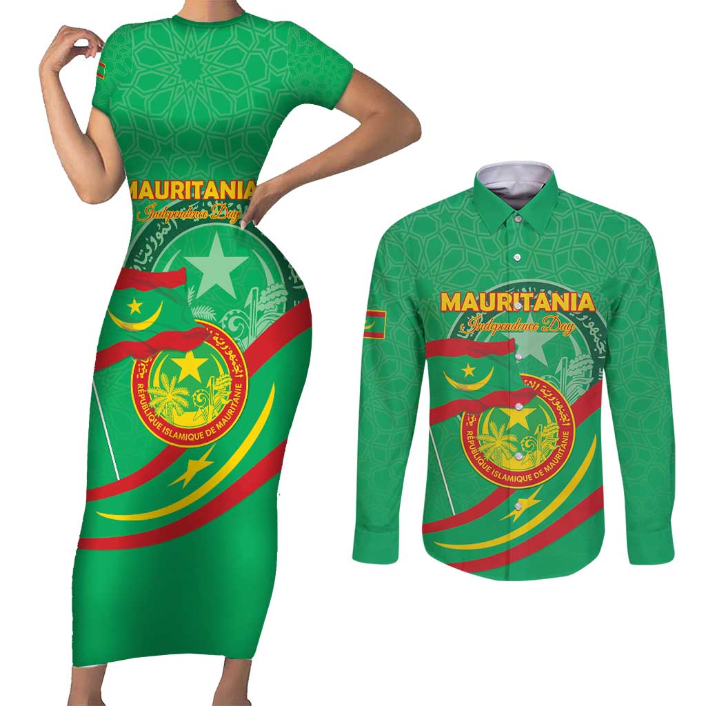 Personalized Mauritania Independence Day Couples Matching Short Sleeve Bodycon Dress and Long Sleeve Button Shirt Coat Of Arms With Map - Wonder Print Shop