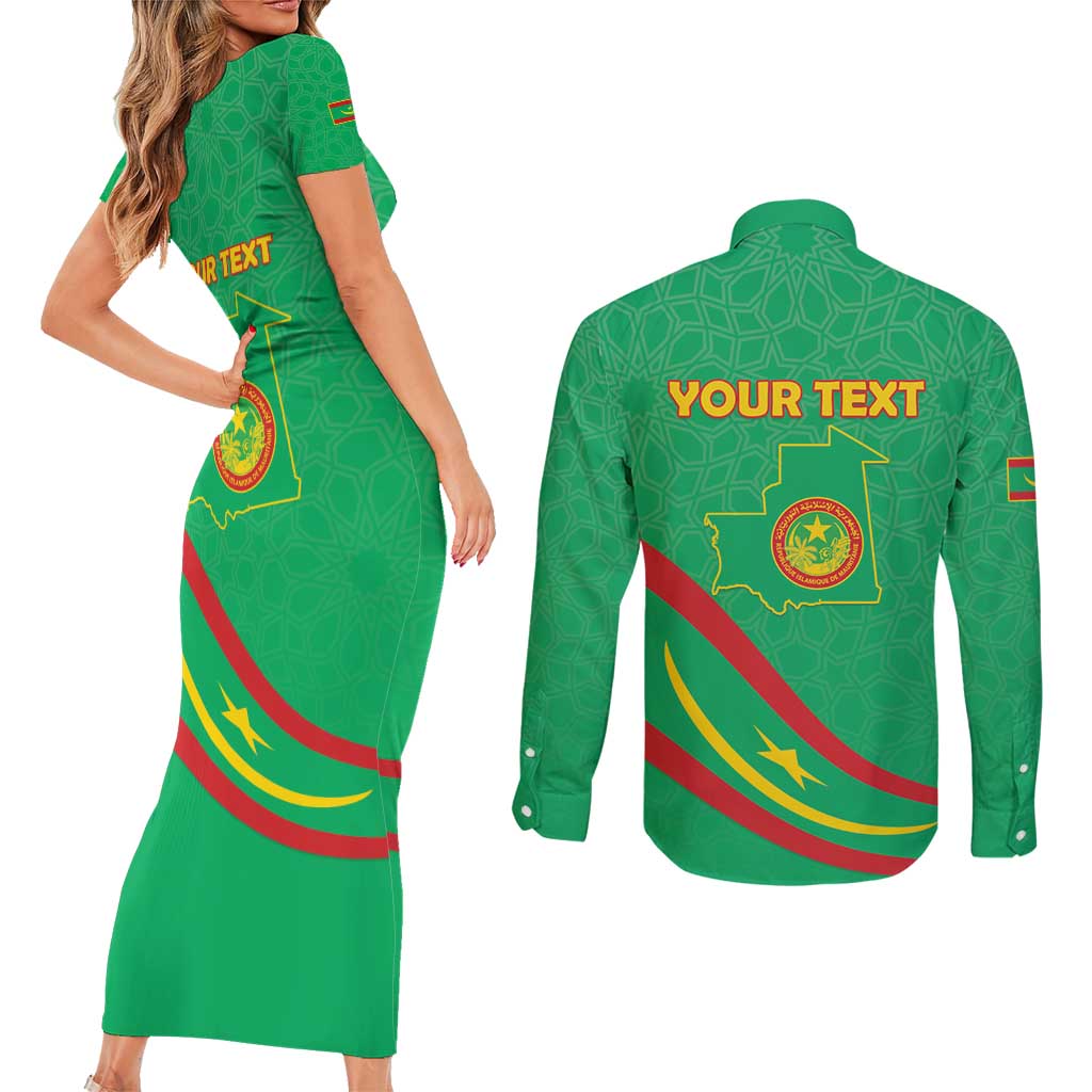 Personalized Mauritania Independence Day Couples Matching Short Sleeve Bodycon Dress and Long Sleeve Button Shirt Coat Of Arms With Map - Wonder Print Shop