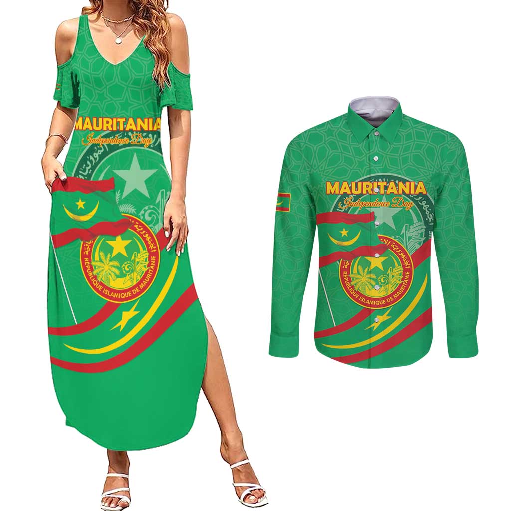 Personalized Mauritania Independence Day Couples Matching Summer Maxi Dress and Long Sleeve Button Shirt Coat Of Arms With Map - Wonder Print Shop