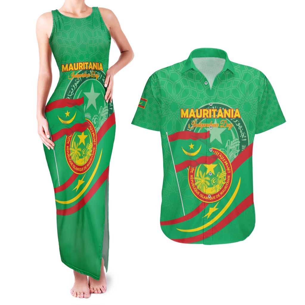 Personalized Mauritania Independence Day Couples Matching Tank Maxi Dress and Hawaiian Shirt Coat Of Arms With Map - Wonder Print Shop