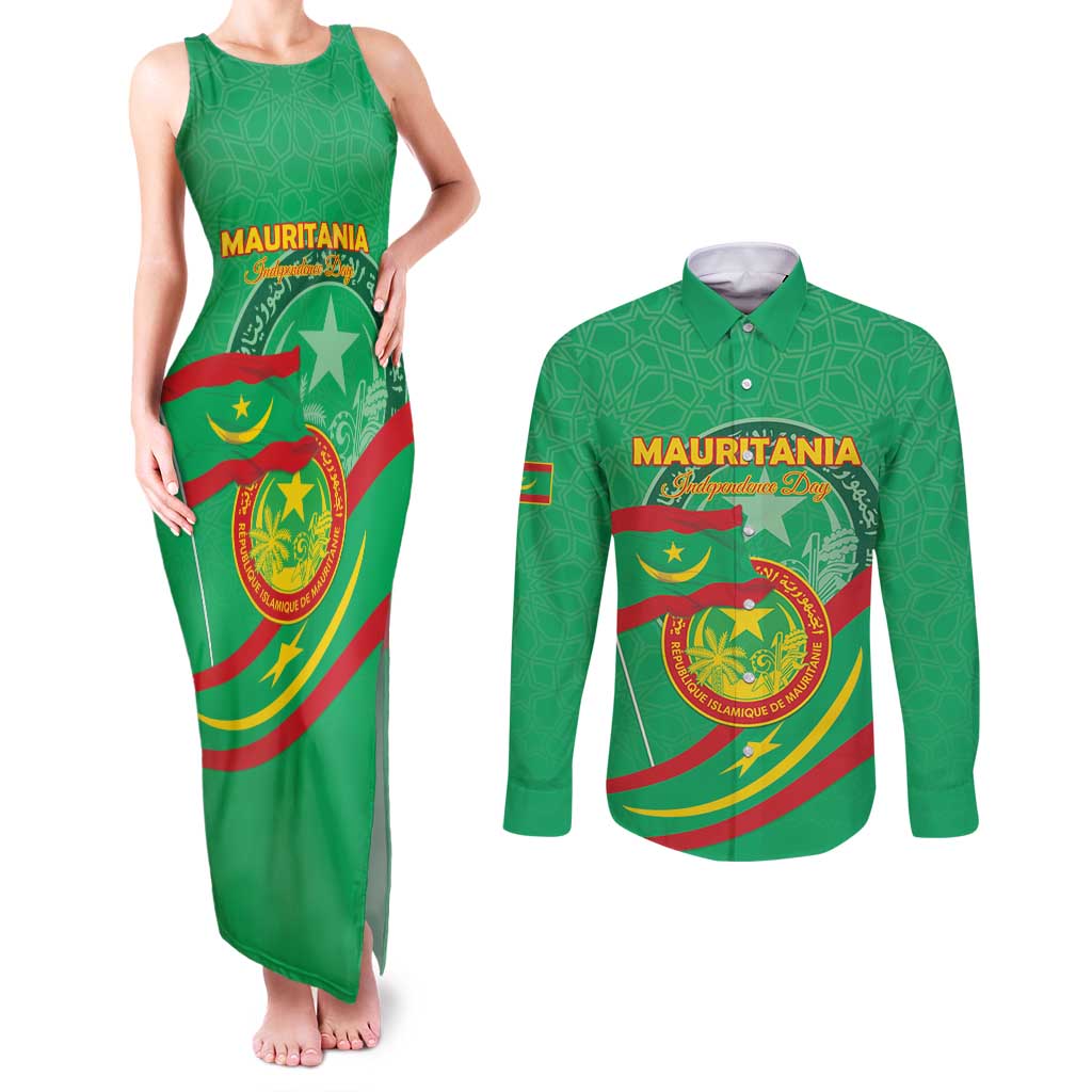 Personalized Mauritania Independence Day Couples Matching Tank Maxi Dress and Long Sleeve Button Shirt Coat Of Arms With Map - Wonder Print Shop