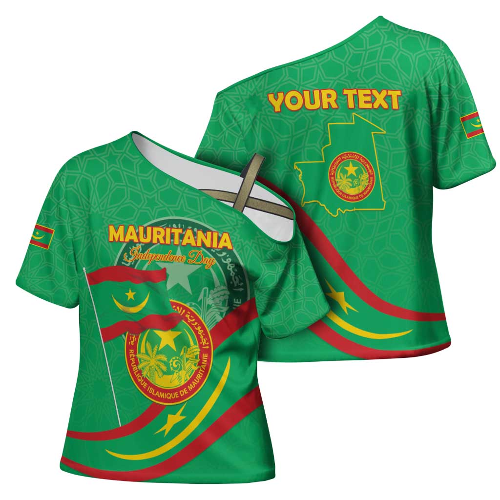 Personalized Mauritania Independence Day Cross Shoulder Shirt Coat Of Arms With Map - Wonder Print Shop