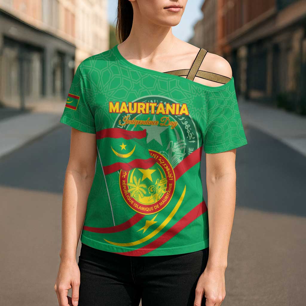 Personalized Mauritania Independence Day Cross Shoulder Shirt Coat Of Arms With Map - Wonder Print Shop