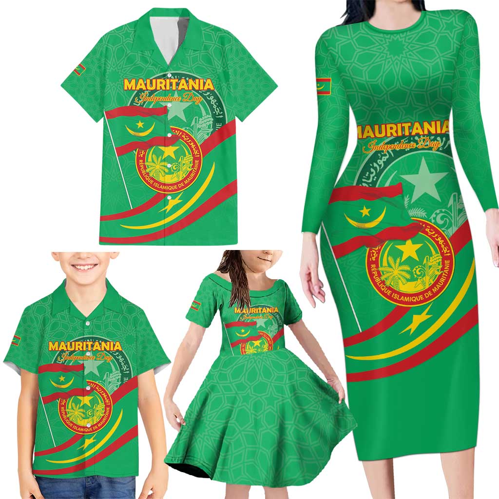 Personalized Mauritania Independence Day Family Matching Long Sleeve Bodycon Dress and Hawaiian Shirt Coat Of Arms With Map - Wonder Print Shop