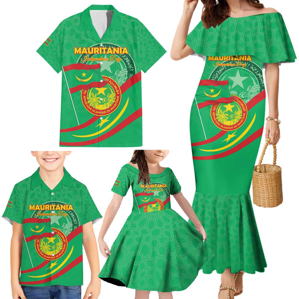Personalized Mauritania Independence Day Family Matching Mermaid Dress and Hawaiian Shirt Coat Of Arms With Map - Wonder Print Shop