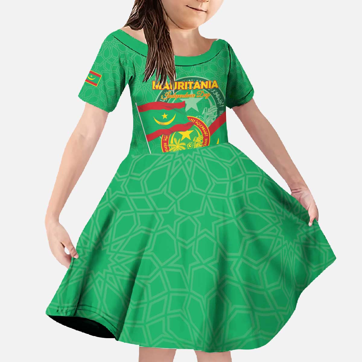 Personalized Mauritania Independence Day Family Matching Off The Shoulder Long Sleeve Dress and Hawaiian Shirt Coat Of Arms With Map - Wonder Print Shop