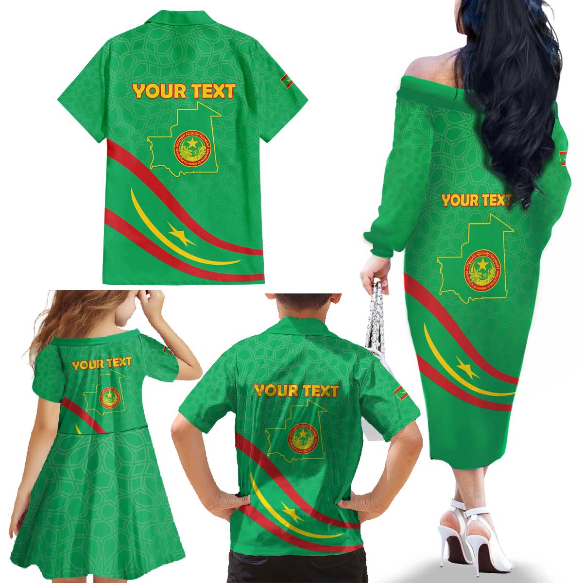Personalized Mauritania Independence Day Family Matching Off The Shoulder Long Sleeve Dress and Hawaiian Shirt Coat Of Arms With Map - Wonder Print Shop