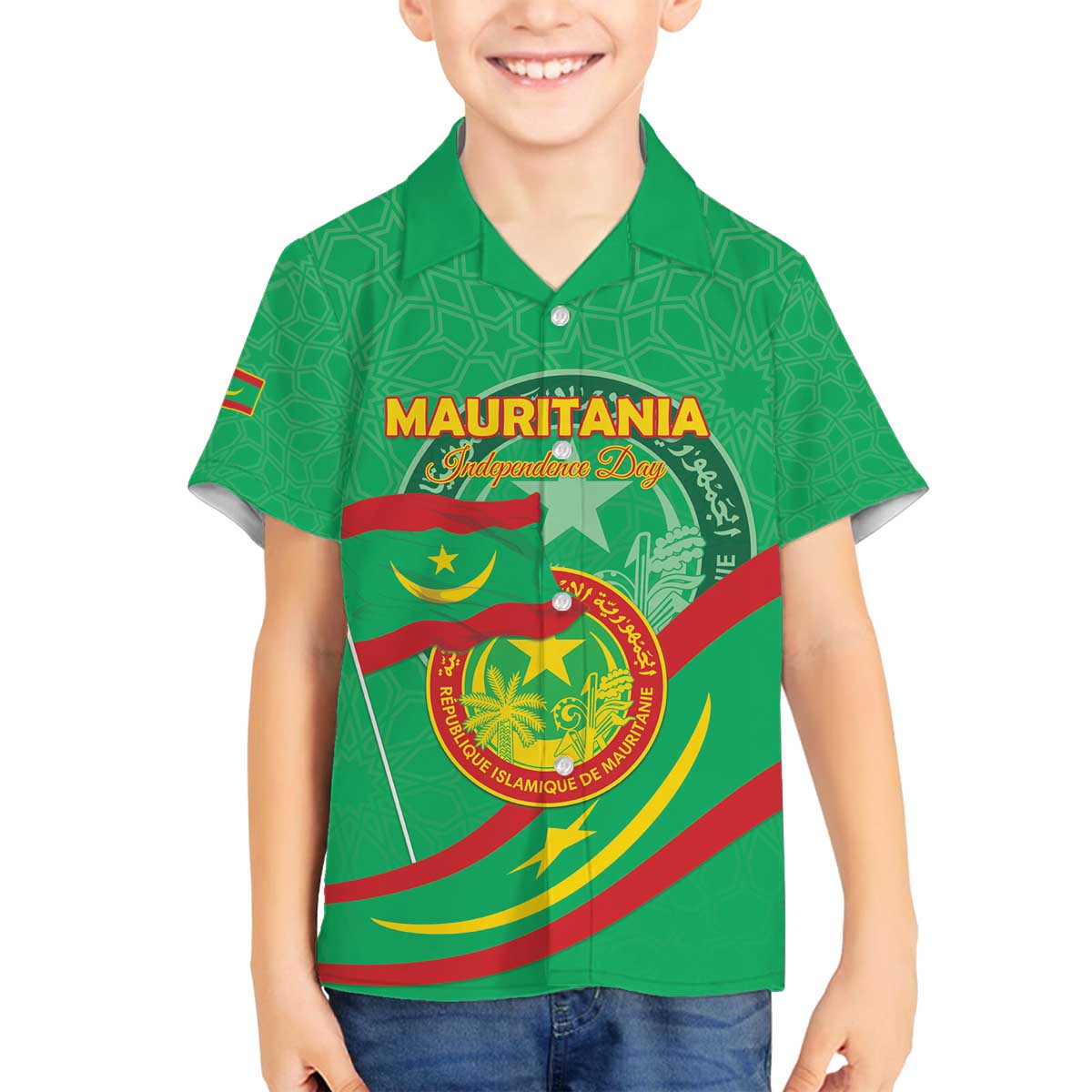Personalized Mauritania Independence Day Family Matching Off The Shoulder Long Sleeve Dress and Hawaiian Shirt Coat Of Arms With Map - Wonder Print Shop