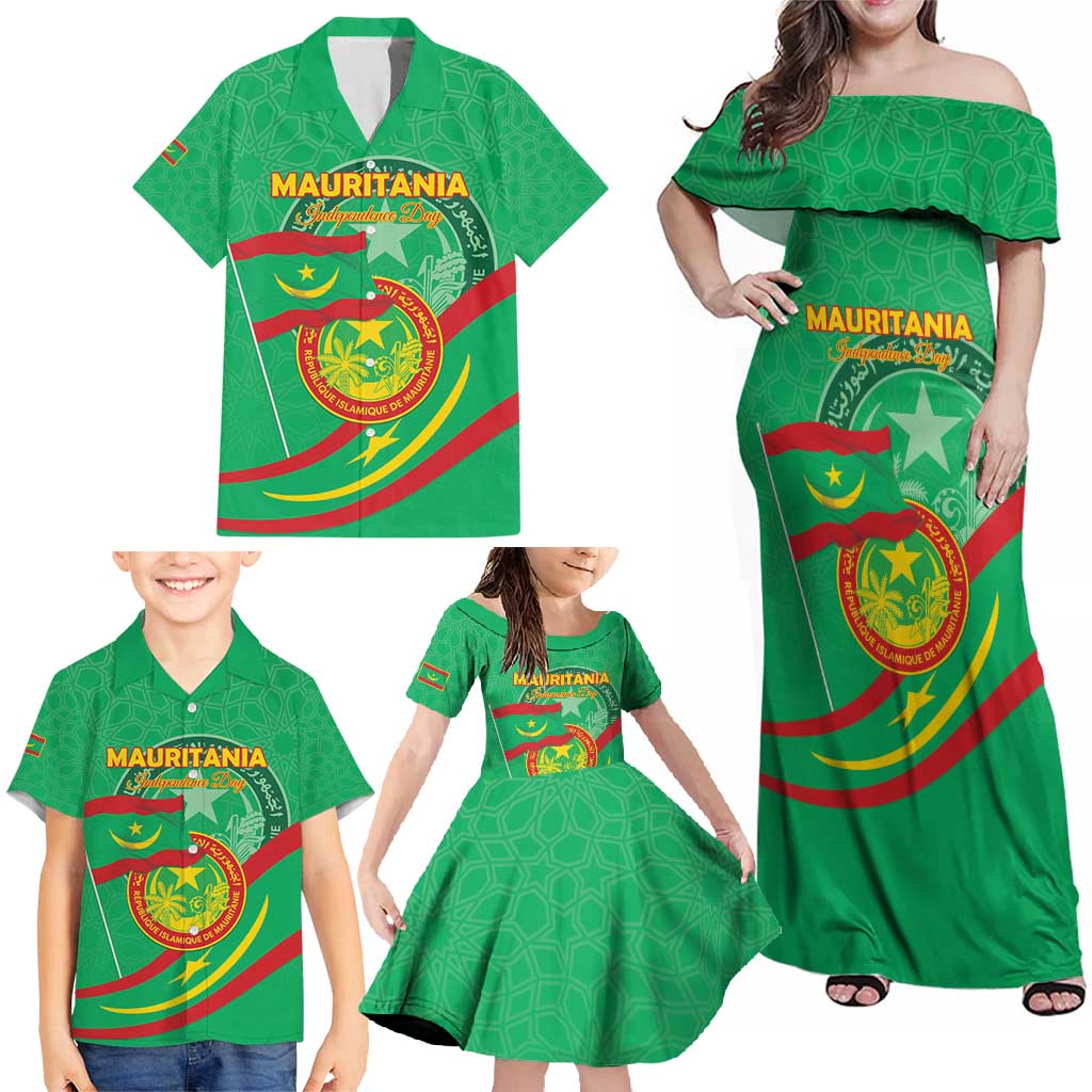 Personalized Mauritania Independence Day Family Matching Off Shoulder Maxi Dress and Hawaiian Shirt Coat Of Arms With Map - Wonder Print Shop