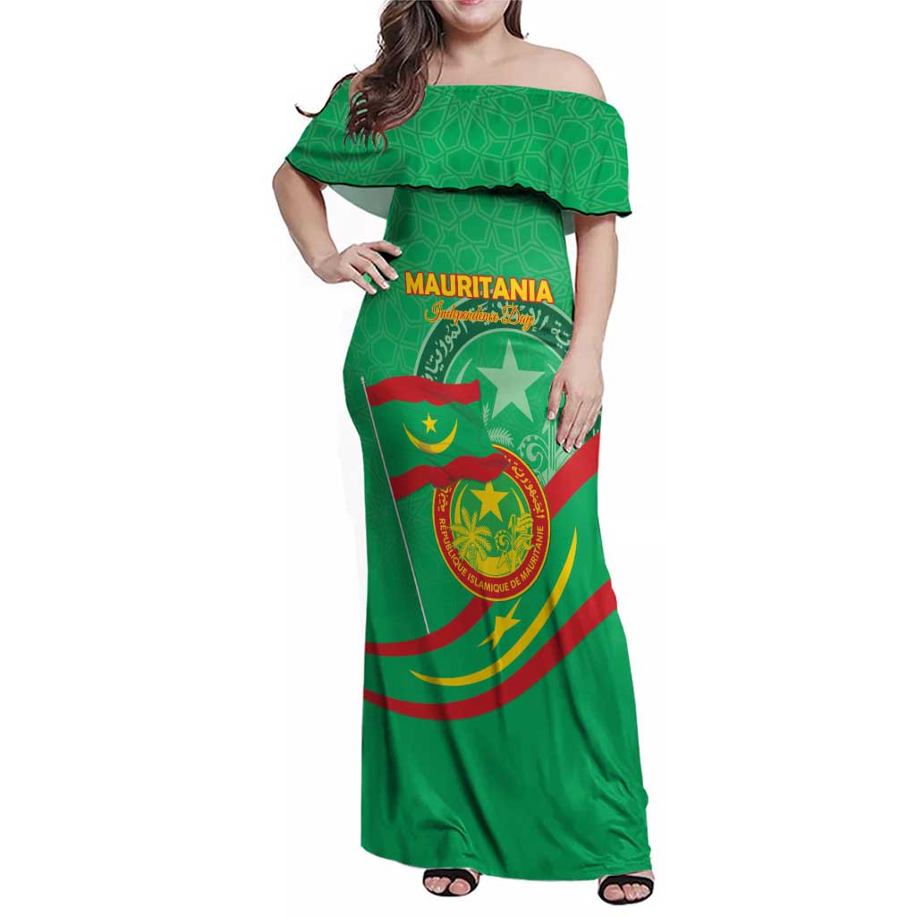 Personalized Mauritania Independence Day Family Matching Off Shoulder Maxi Dress and Hawaiian Shirt Coat Of Arms With Map - Wonder Print Shop